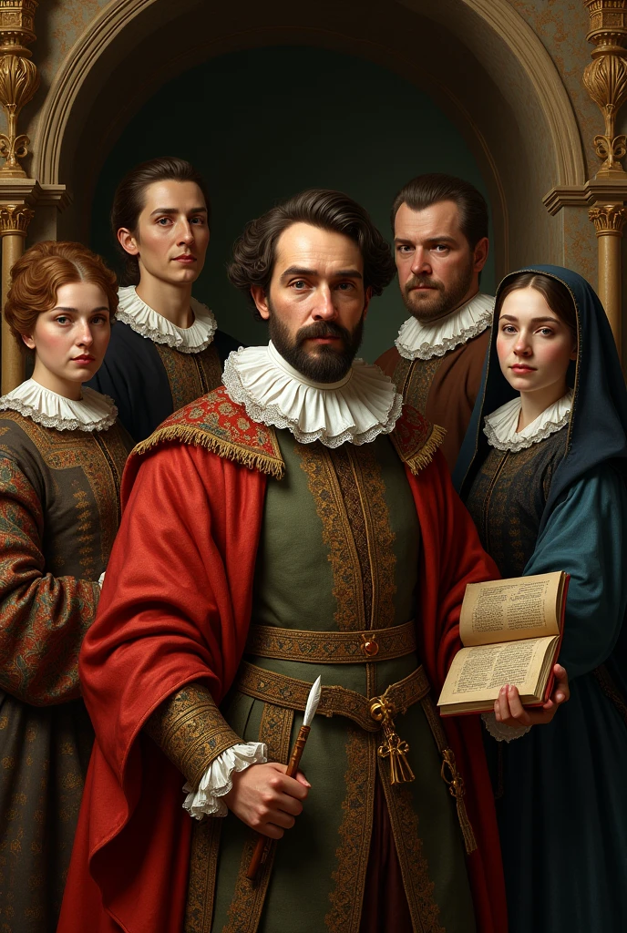 Please, create a figure from the literary period known as the Spanish Golden Age literature, show me a photo of the main authors Miguel de Cervantes. The work of Miguel de Cervantes, Francisco Gómez de Quevedo, Lope de Vega, Santa Teresa de Jesús, Tirso de Molina.