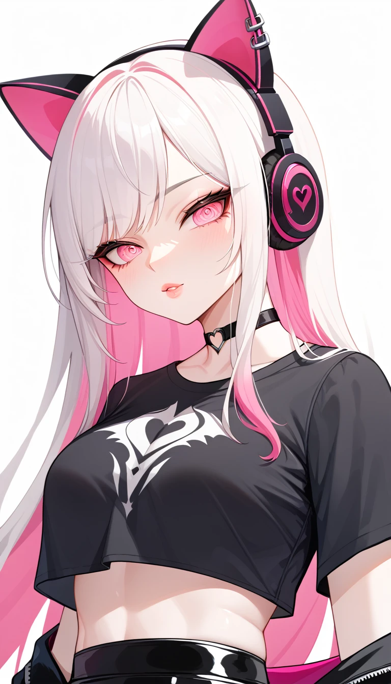 1 Girl, Demon Girl, Long White Hair, Pink Highlights In Hair, Smooth Skin, Pale Skin Tone, Nice Eyes, Light Pink Eyes, Nice Lips, Light Blush, Anime Goth Demon Girl, Wearing a Black Skirt and Lace Crop Top Shirt, Choke, Wearing Cat Ear Headphones, Ulzzang, Upper Body Shot, Close Up