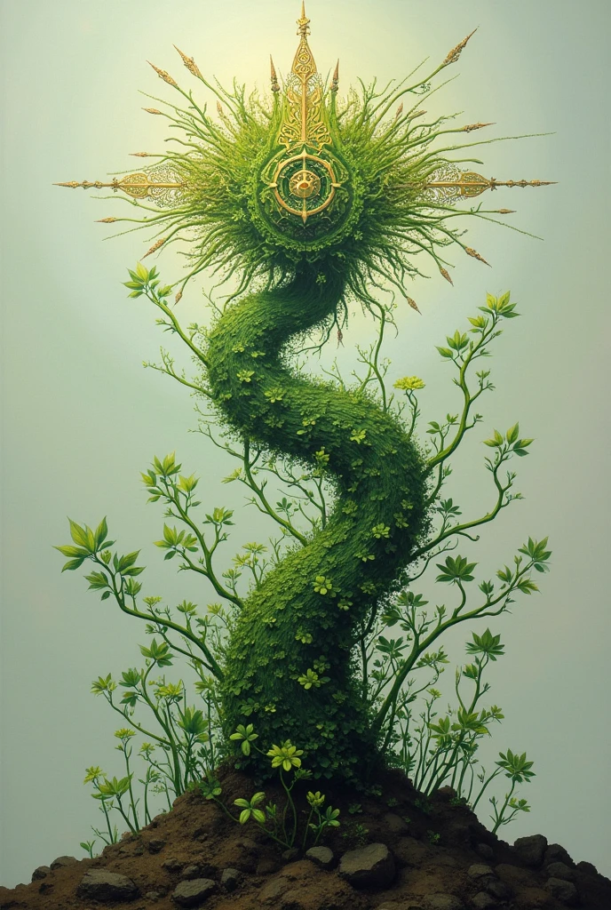 enki bilal's realistic painting of grownig plant with ornament, surrealistic painting in the style of Pieter Claesz and Enki Bilal, sharp focus, extremely detailed, photorealistic