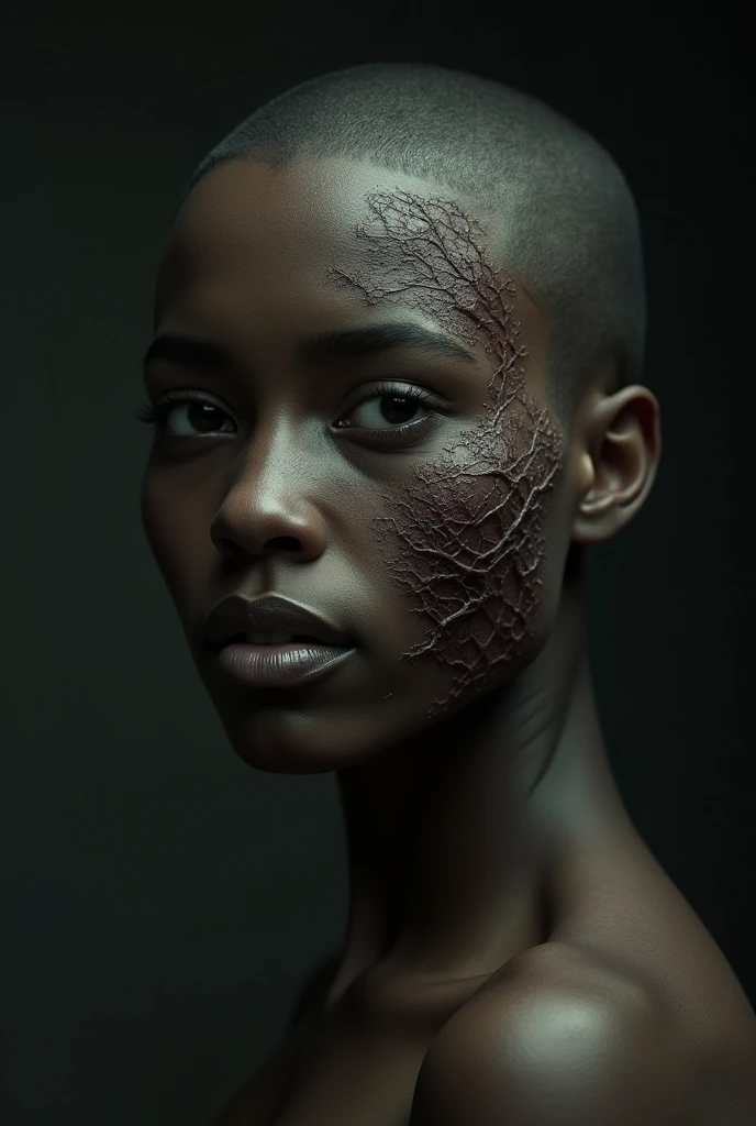 A dark-skinned girl would be seen on the left side of her face. Horrible scars and her left eye would also be white. She would also have a completely shaved haircut.
