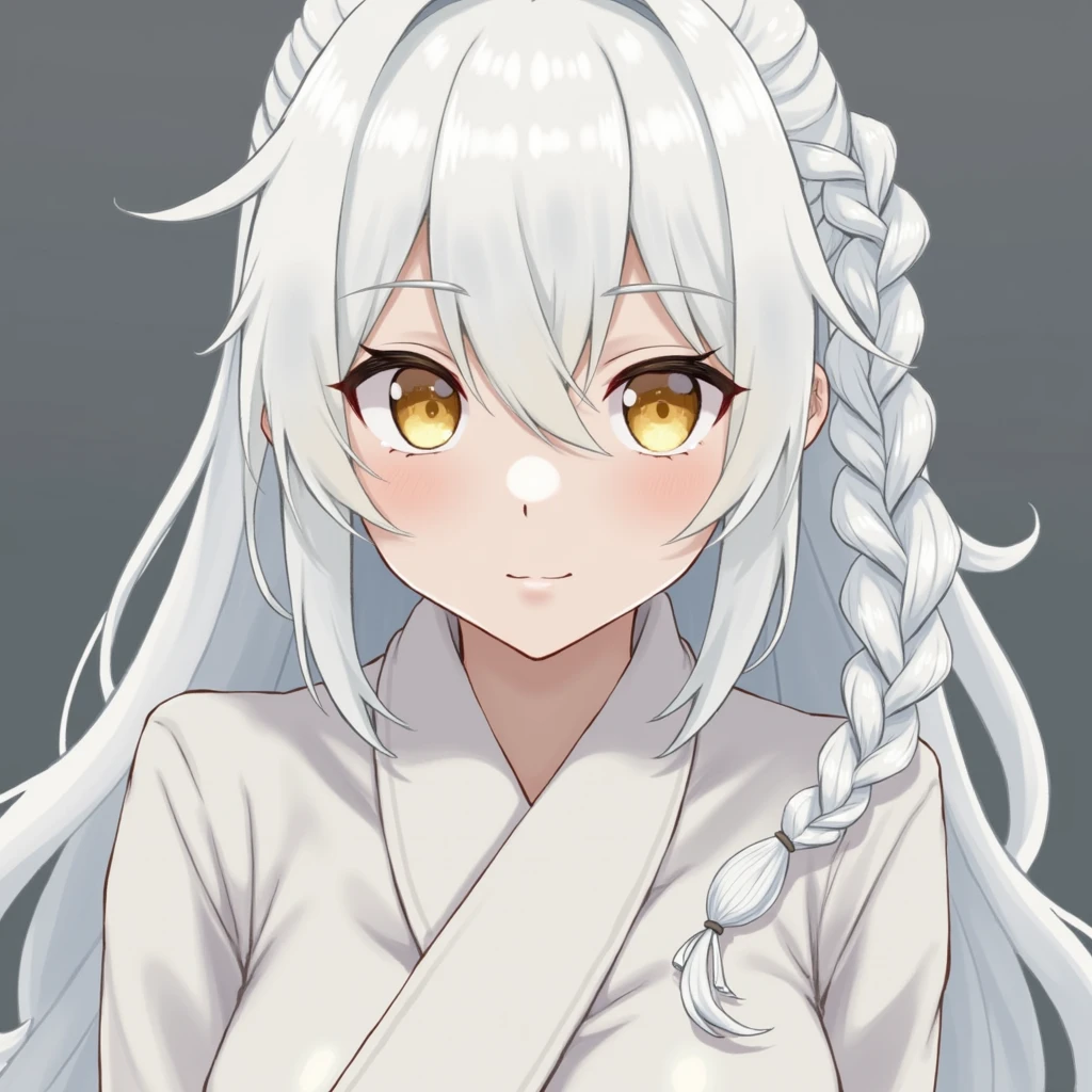 best quality, masterpiece,White hair, Golden Eyes,White clothes, look up, Upper Body,Hair,White skin,Side Braid