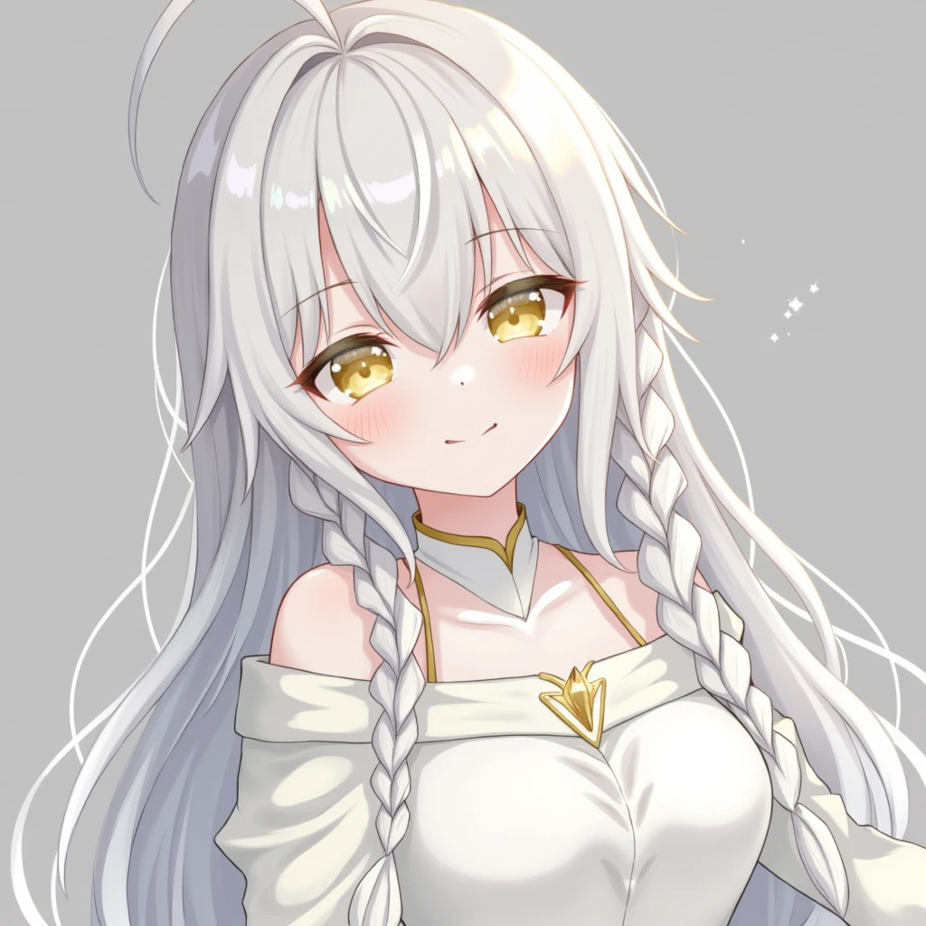 best quality, masterpiece,White hair, Golden Eyes,White clothes, look up, Upper Body,Hair,White skin,Side Braid