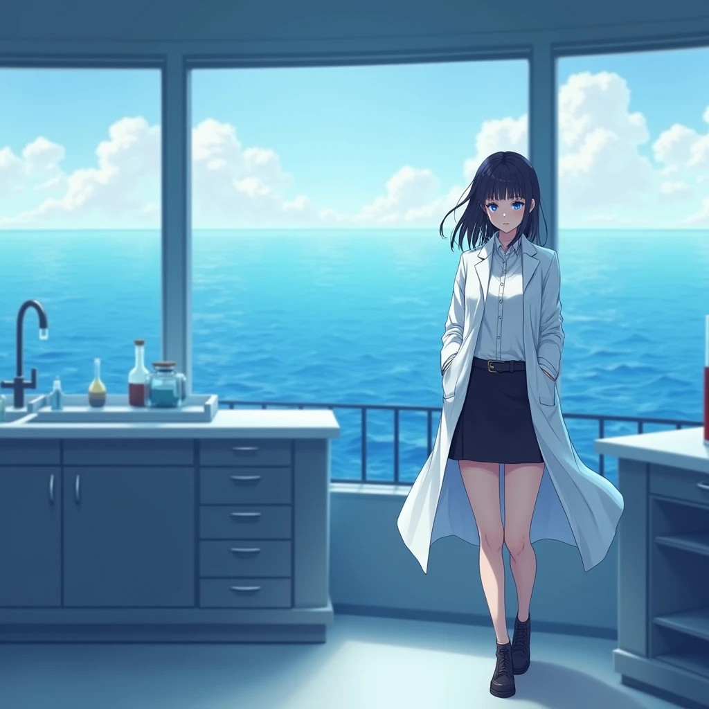 masterpiece, Best Quality, high quality, High resolution, 1 girl, Alone, Water (konosuba), For the blue, by the wide, blue eyes, White shirt ,bata larga de laboratory, Black office skirt, thighs, Whole body, standing, hands in pockets, bored, depth of field, laboratory,