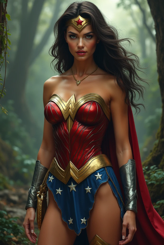A beautiful woman Adriana Lima under the mantle of the Amazonian warrior Wonder Woman costume Navy blue with hood red knee boots Wonder Woman season 1972 Lynda Carter