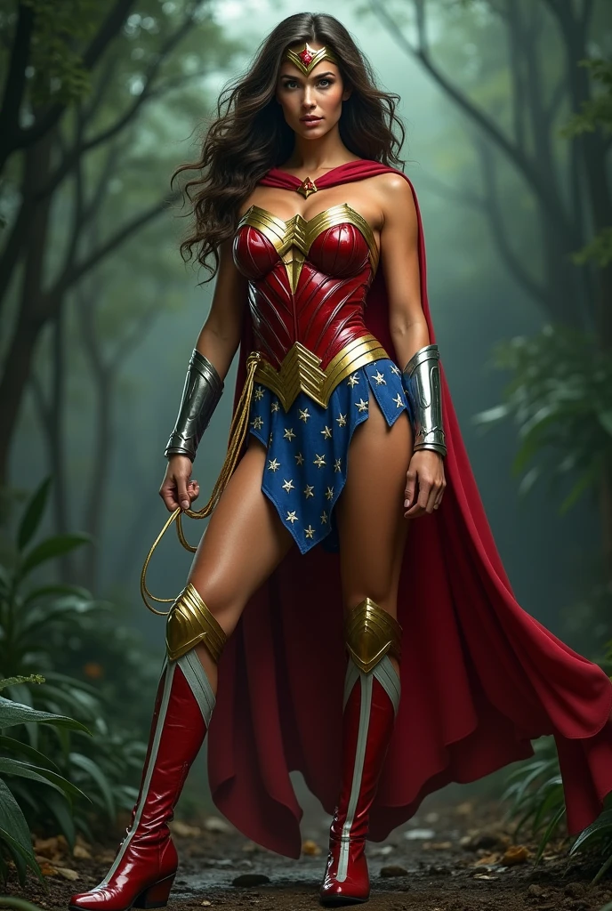 A beautiful woman Adriana Lima under the mantle of the Amazonian warrior Wonder Woman costume Navy blue with hood red knee boots Wonder Woman season 1972 Lynda Carter