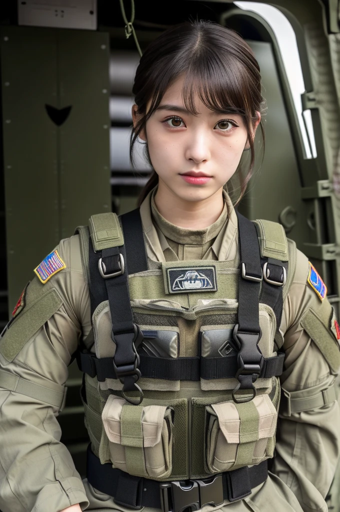 (masterpiece, ultra-detailed, ultra-realistic, best quality, clear focus, photorealistic), (ultra-high resolution, 8k:1.3), cinematic color-grading film, dramatic scenes, shadow, global-illumination, perfect anatomy, perfect face, (detailed face, detailed eye:1.3), (20 years old Japanese beautiful anime style girl:1.2), (Experienced army paratroopers:1.3), professional light, (very cute but boyish cool Japanese face:1.3), (Fully equipped for battle:1.3), (m4a1 large assault rifle:1.2), (Sitting in the cargo bay of a large Army transport plane for an Army skydiving mission:1.5), (wearing a soldier's outfits with damages:1.2), (Strong willed expression:1.2), (afraid:1.3), slim waist, military helmet, very large breasts, tactical vest, military harness, face focus,