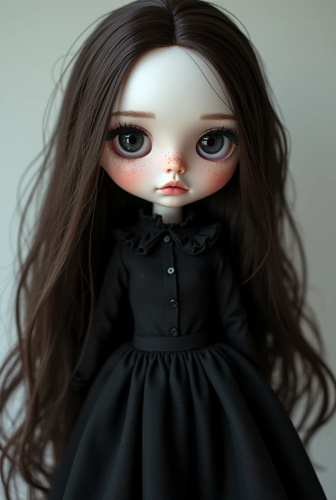 Blythe doll with long dark brown hair, black eyes, White skin, with freckles and black clothing
