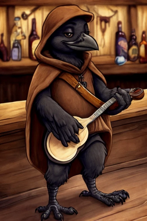Baby crow, wearing a brown cloak and a brown cap, holding a banjo inside a bar.