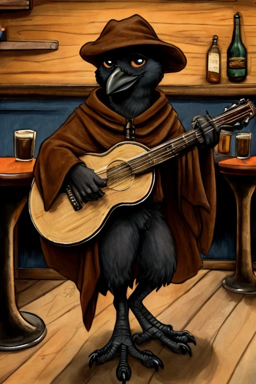 Baby crow, wearing a brown cloak and a brown cap, holding a banjo inside a bar.