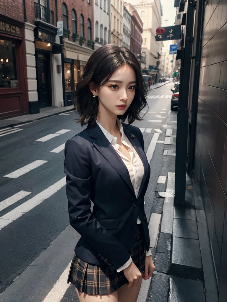 absurdres, RAW photo, extremely delicate and beautiful, masterpiece, Best Quality, ultra high resolution, 32k, hyper realistic, ultra-detailed, Very detailed CG 8k wallpaper, detailed background, landscape, Beautiful Lighting, Perfect Lightning, Realistic Shadows, perfect ???????, anatomically correct, ideal ratio body proportions, perfect figure, Perfect Style, Perfect balance, super Detailed skin, in her 30s, very Slim body, narrow waist, very small head, very small face, delicate facial features, handsome detailed woman, very detailed eyes and face, realistic face proportions, Realistic beautiful face, Realistic beautiful eyes, tearful mole, earring, full body shot, whole body shot, very huge round ????, medium short hair, asymmetrical hair, wavy hair, outdoor, business suit, blazer, accessories, tie, skirt, legs, 