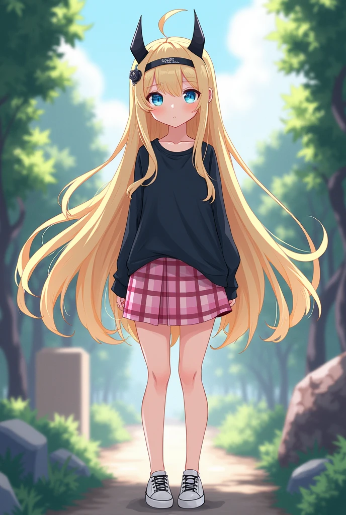 girl, blue eyes, from behind, pale yellow hair, long hair, headband with small black horns, kawaii, short pink checkered skirt with black, loose shirt, black shirt, white and black canvas shoes, tall of stature, without jacket or coat, Modern Anime Style, High Definition, Ultra Details, Fantasy Modern World, HD,