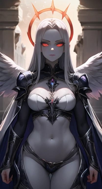 Dark skin, red halo, impure queen, rare, cursed maiden, Angelic armor, beautiful young woman, powerful aura, long silver hair, red glowing eyes, grey skin, black wings, palace ruins,