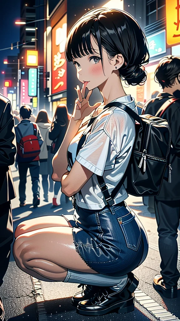 (8k, RAW Photos, 最high quality, masterpiece:1.2), high qualityのRAWカラー写真, Professional photo shoot, Cinematic Light, alone, (((Young woman and middle-aged man, Gal))), (Sharp features), (Small face), (Skin with attention to detail:1.2), clavicle, Cute Face, Beautiful appearance, Long eyelashes,Girl Turning Around, smile, (Brown Hair, Long straight line), Jersey, Denim mini skirt, sneakers, Backpack, Night Park, Confident attitude, Capture the happy moment, Artistic painting,Attractive thighs, (Very nice touch:1.2),はにかんだsmile), Peaceful atmosphere, Oil painting style, Bright colors, (Are standing:1.5, Inside a crowded train, Full body portrait), Smooth texture, Gazing Eyes, Beautiful Skin, Glowing Skin, ((Perfect Fingers, Five Fingers, Anatomically correct)), Background Blur, high quality, Surreal, ((Very detailed, photo shoot)),Many people々、blush、Plump、Blowjobチオ、Lick、Side view、squat、((((Sucking a man's))))、(Crowded)、((Being surrounded by men、Oral sex))、Sex with multiple people、Orgy、Sucking cock、Blowjob