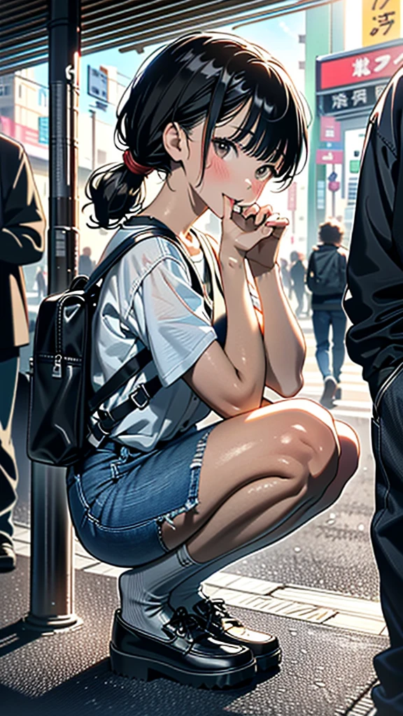 (8k, RAW Photos, 最high quality, masterpiece:1.2), high qualityのRAWカラー写真, Professional photo shoot, Cinematic Light, alone, (((Young woman and middle-aged man, Gal))), (Sharp features), (Small face), (Skin with attention to detail:1.2), clavicle, Cute Face, Beautiful appearance, Long eyelashes,Girl Turning Around, smile, (Brown Hair, Long straight line),  Jersey, Denim mini skirt, sneakers, Backpack,  Night Park, Confident attitude, Capture the happy moment, Artistic painting,Attractive thighs, (Very nice touch:1.2),はにかんだsmile), Peaceful atmosphere, Oil painting style, Bright colors, (Are standing:1.5, Crowded電車の中で, Full body portrait), Smooth texture, Gazing Eyes, Beautiful Skin, Glowing Skin, ((Perfect Fingers, Five Fingers, Anatomically correct)), Background Blur, high quality, Surreal, ((Very detailed, photo shoot)),Many people々々、blush、Plump、Blowjobチオ、Lick、Side view、Squat、Sucking a man's、Crowded、Surrounded by men、Oral sex、Sex with multiple people、Orgy、Sucking cock、Blowjob