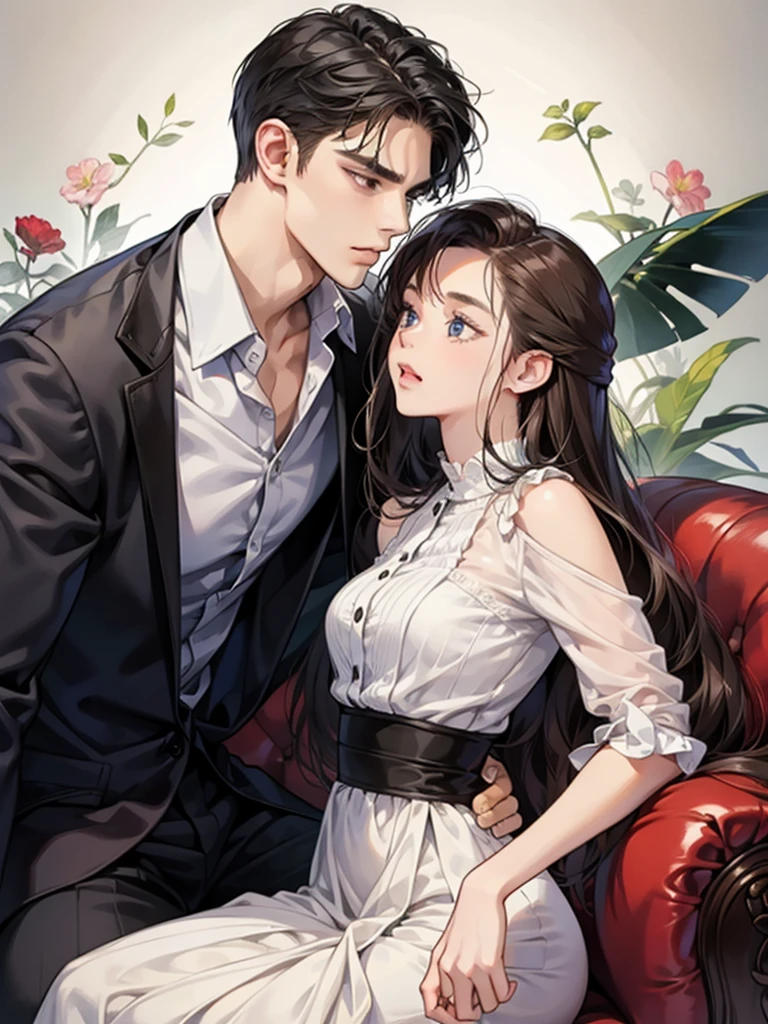 A young man bites a young woman's neck.,sex,sexly,sofa,moon, nighttime,canine teeth, evil smile, Two people face each other (The faces are very close together.), evil eye, Seductive expression,