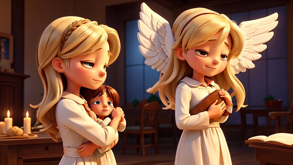 Angel of the Lord representing Jesus, hugging a woman while she prays and cries a lot