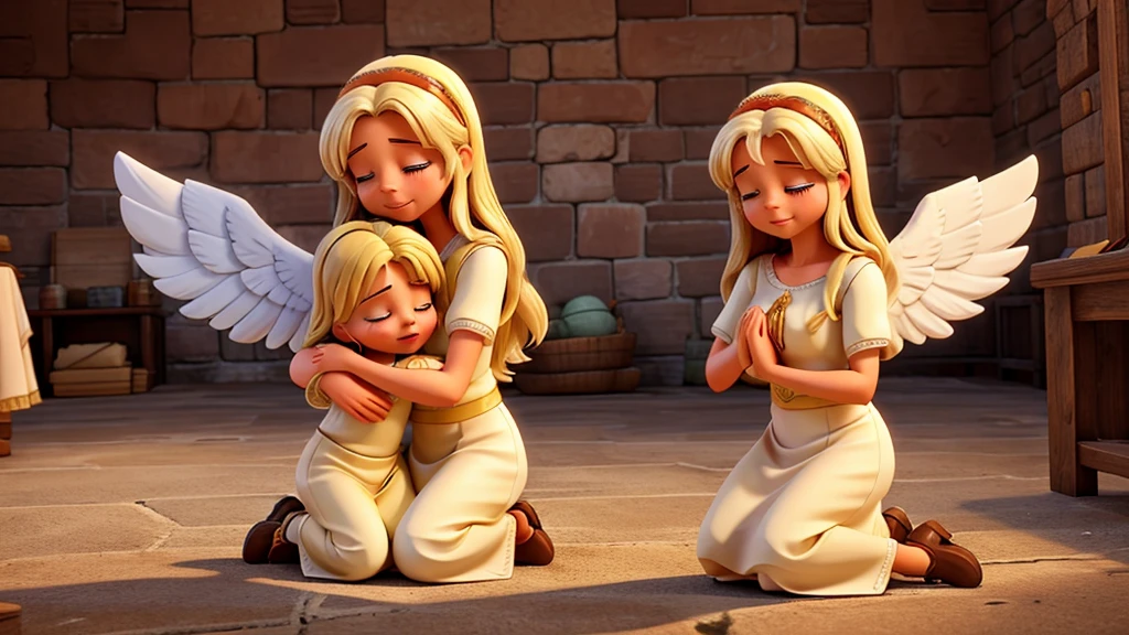 Angel of the Lord representing Jesus, hugging a woman while she prays and cries a lot