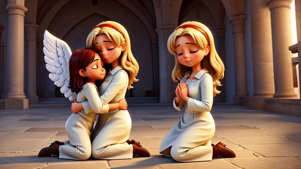 Angel of the Lord representing Jesus, hugging a woman while she prays and cries a lot