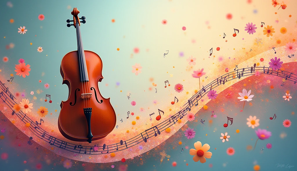 a musical staff coming out of the paper with bright colors, soft, and flowery with a cello resting on the staff in a horizontal rectangular image