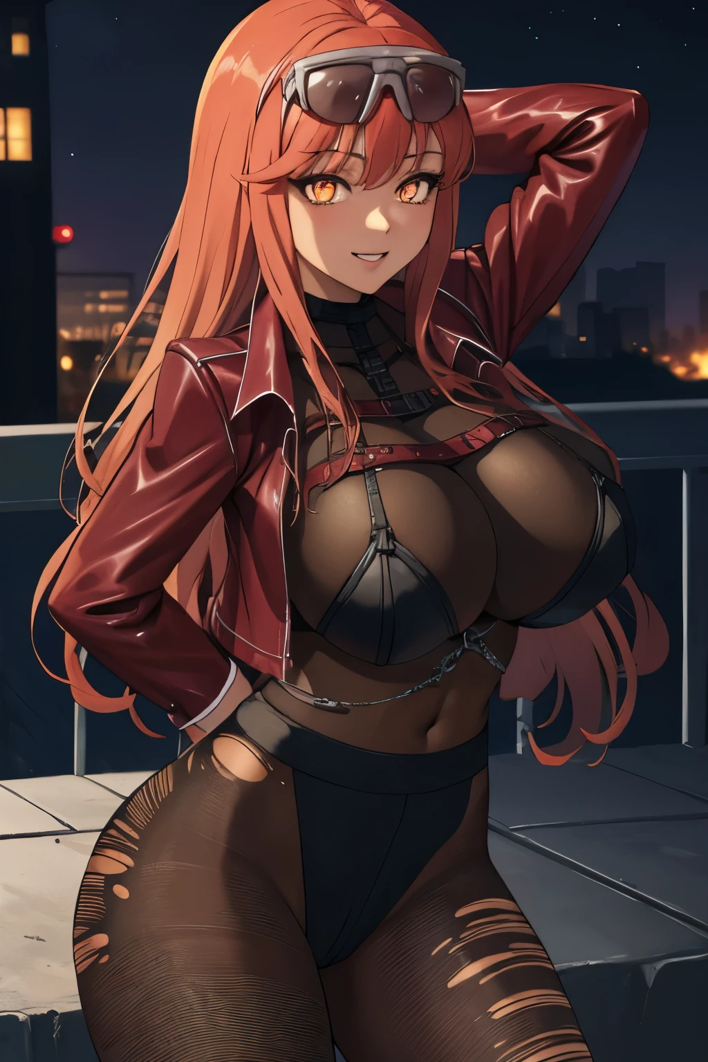 masterpiece, best quality, volume, jacket, eyewear on head, bodystocking, torn clothes, tan, huge breasts, cowboy shot, arms behind head, glowing eyes, night, smile