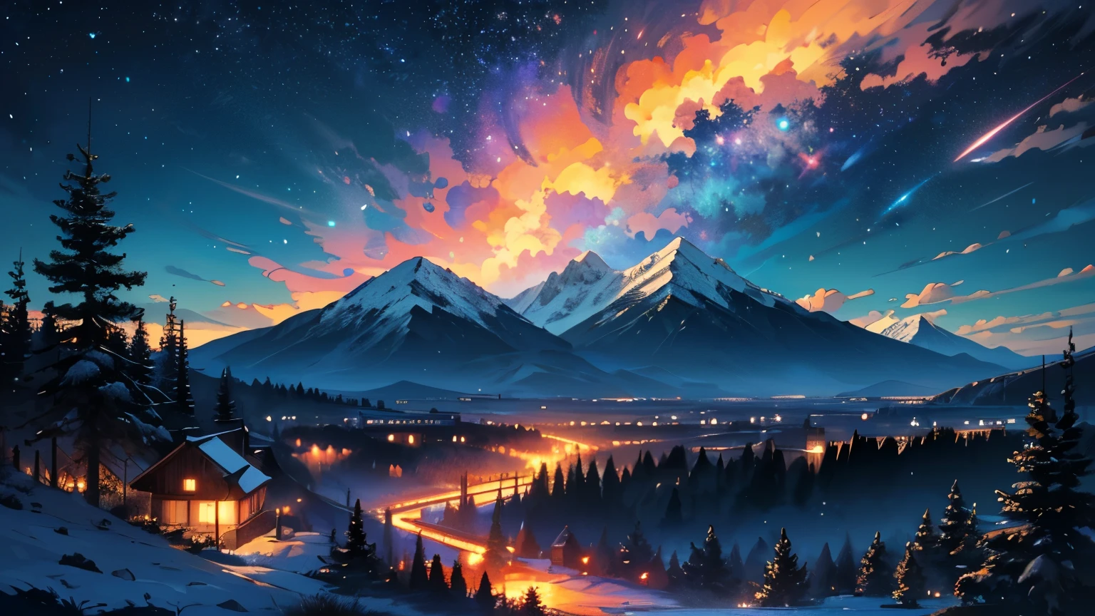 masterpiece, high quality, illustration, extremely detailed, landscape shot, mountains in the distance, forest at night, starry night,