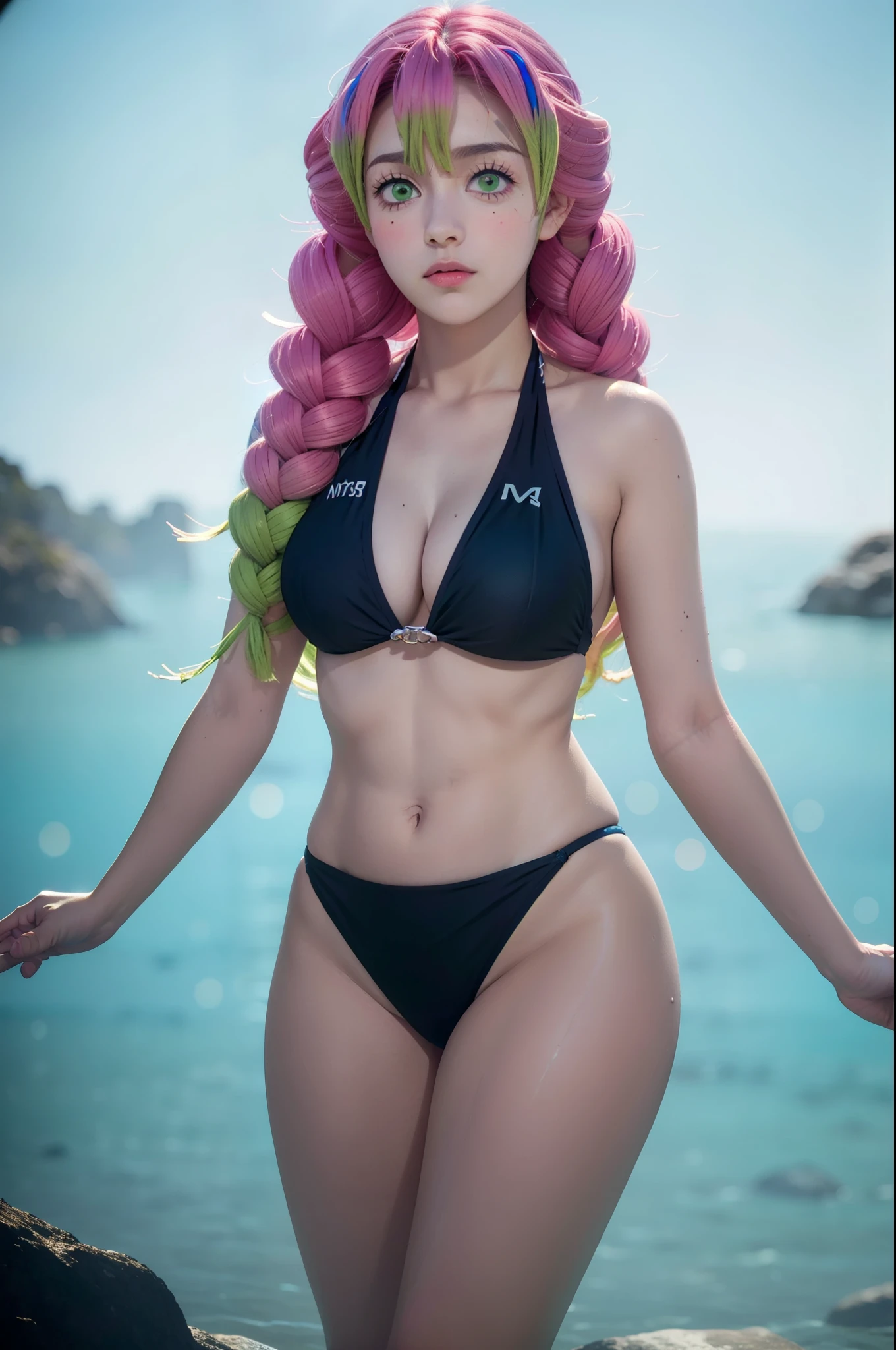 (Perfect body),Highest quality,(8K Portrait),(Official Art)、(((Muscular)))、Embarrassing、:is、One eye closed、One Girl, Focus Only、(((blush))),(Sweat),((((Large Breasts))))、(Thick thighs)、(Big Ass)、(Pink Hair),((Braid)),Long Hair, (Green Eye),((reverse outfit,rabbit ears,navel,breasts,revealing clothes))、(Place your hands behind your head)、((Underarm))、((Spread your legs))、(Beachside)