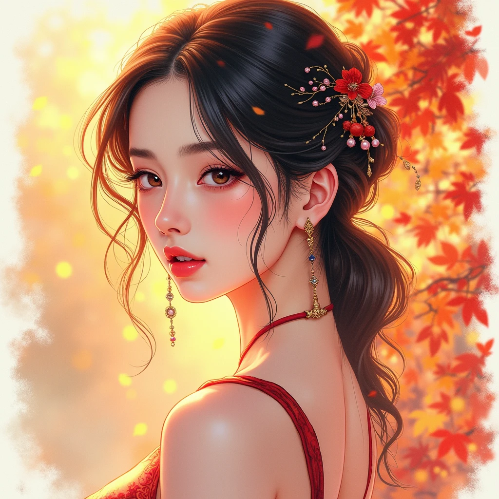 (8k, Best Quality, masterpiece:1.2),(Best Quality:1.0), (ultra high resolution:1.0), watercolor, A pretty woman, shoulder, hair bands, by agnes cecile, Half-length portrait, extremely bright shiny design, pastel colours, (ink:1.3), autumn lights,