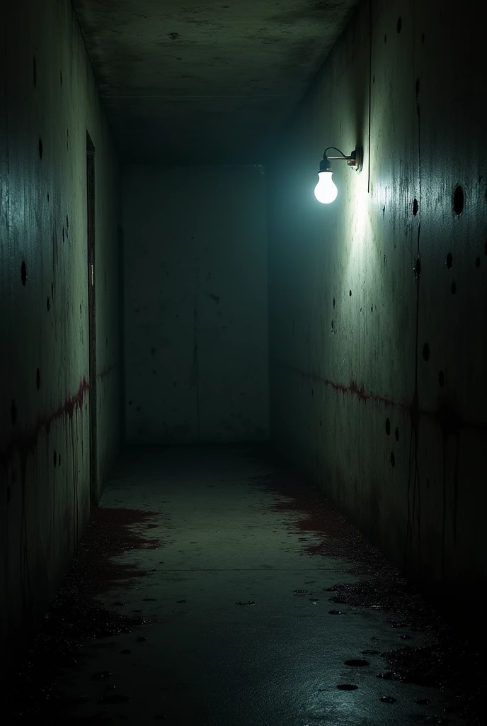 make a deadly scenario with an empty space without any characters, with a wall marked with blood and bullet holes, in a dark room with no doors, with just one lightbulb.