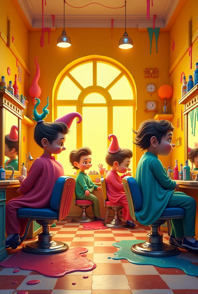 Barbershop with yellow painted walls and large dripping drops with bright pink and orange sprouts
