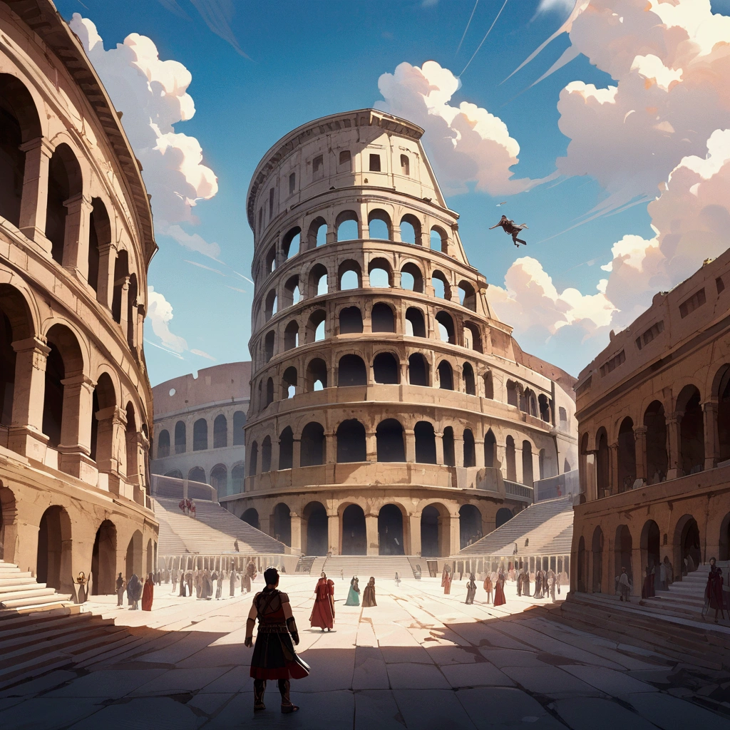 Roman coliseum in the sky supported by clouds floating in the middle of the air and a gladiator angel awaits challengers at the entrance