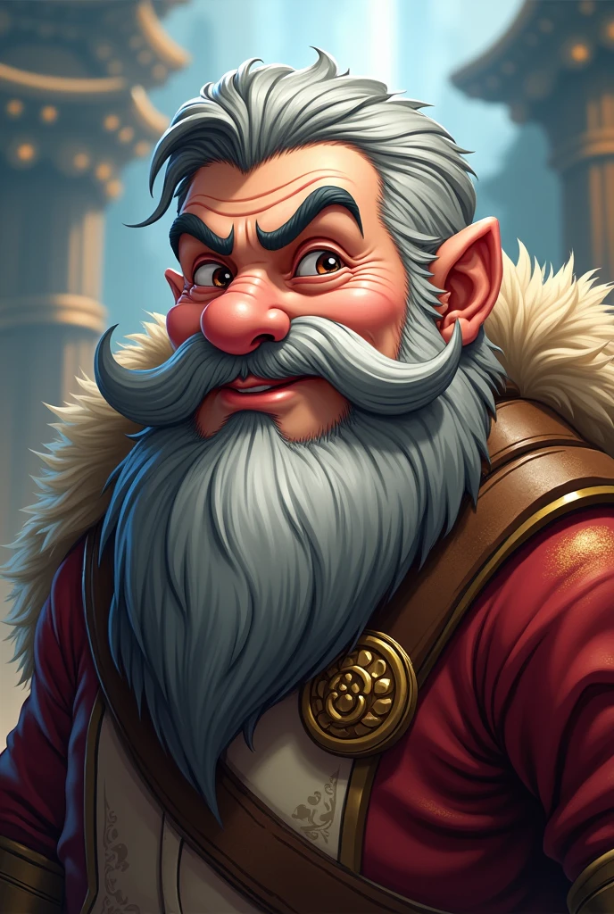 RPG dwarf anime style with short gray hair, young face with few wrinkles and charismatic, with a beard without a mustache and a big curved nose