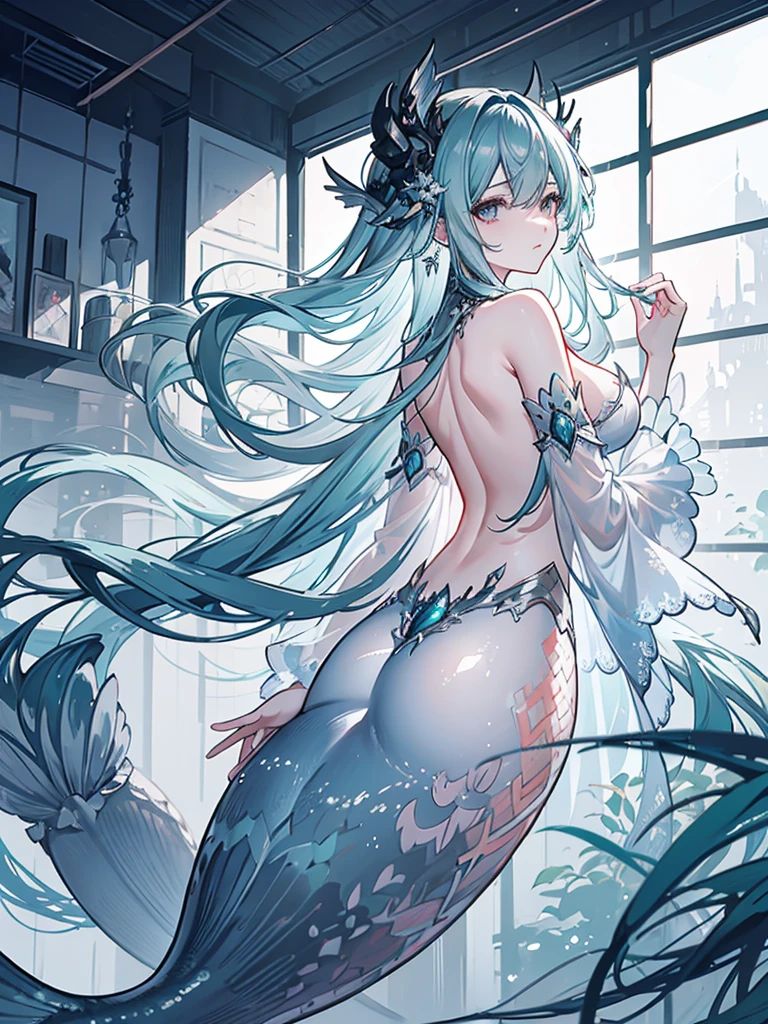 1girll，NSFW，white dress，Bare belly，Long wavy messy hair，white hair, mint green highlights, (((mermaid))), see-through sleeves，A lot of smoke，Exquisite，Elegant colors，high detal，tmasterpiece，ultra - detailed，dynamic angle，underwater background，astounding，cinmatic lighting，illustratio，lightand shade contrast，The light from the back window is backlighted，God Ray，Best quality at best，Best quality at best, hoarfrost metal lace, fantasy, Sunlight, rays of sunshine, intricately details. 8K, Dreamlike, surrealism, Symmetrical, Soft lighting, Intricate details, Highly detailed, illusory engine, aspect::4:3, Game CG,inspired by Li Mei-shu, mistic,