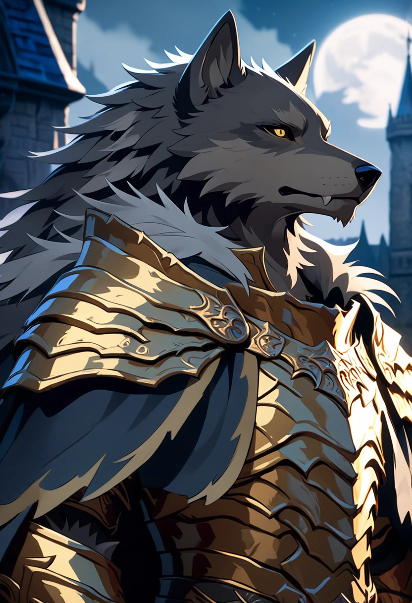 handsome wolf furry in black and gold armor, anime style, blaidd from elden ring, castle and moon in the background, hd, 4k, clawed gauntlets, cloak, yellow eyes