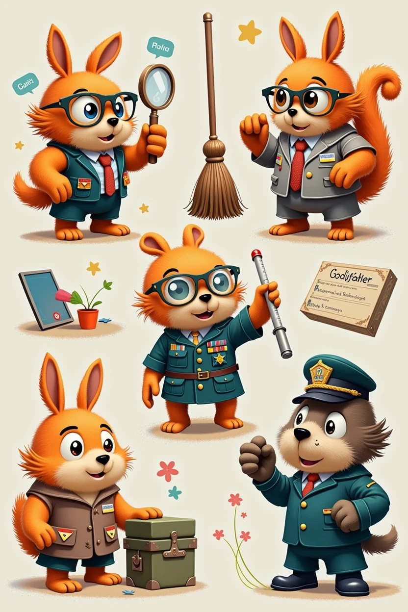 sey (Sense of Use):
sey é um mascote pequeno, with glasses and a magnifying glass hanging around his neck. He is always holding a small trash can and examining objects to determine if they are truly necessary.
Ordinato (Sense of Organization):
Ordinato is an organized and meticulous mascot. He wears a vest with many pockets and carries colorful labels. His hair is neatly styled, and he is always arranging objects on shelves or drawers.
Varrelin (Sense of Cleanliness):
Varrelin is a mascot with a magic broom. He has bright eyes and wears an apron with pockets to store cleaning cloths. Whenever he sees dirt, He sweeps it enthusiastically.
godfather (Sense of Standardization):
godfather é um mascote elegante e simétrico. He wears a suit with perfectly aligned stripes. In your hand, He holds a ruler, symbolizing the importance of standardization in processes.
Disciplino (Sense of Discipline):
Disciplino is a serious and rigorous mascot. He wears a military uniform and carries a whistle. He is always on the alert to ensure that everyone follows the rules and maintains discipline.