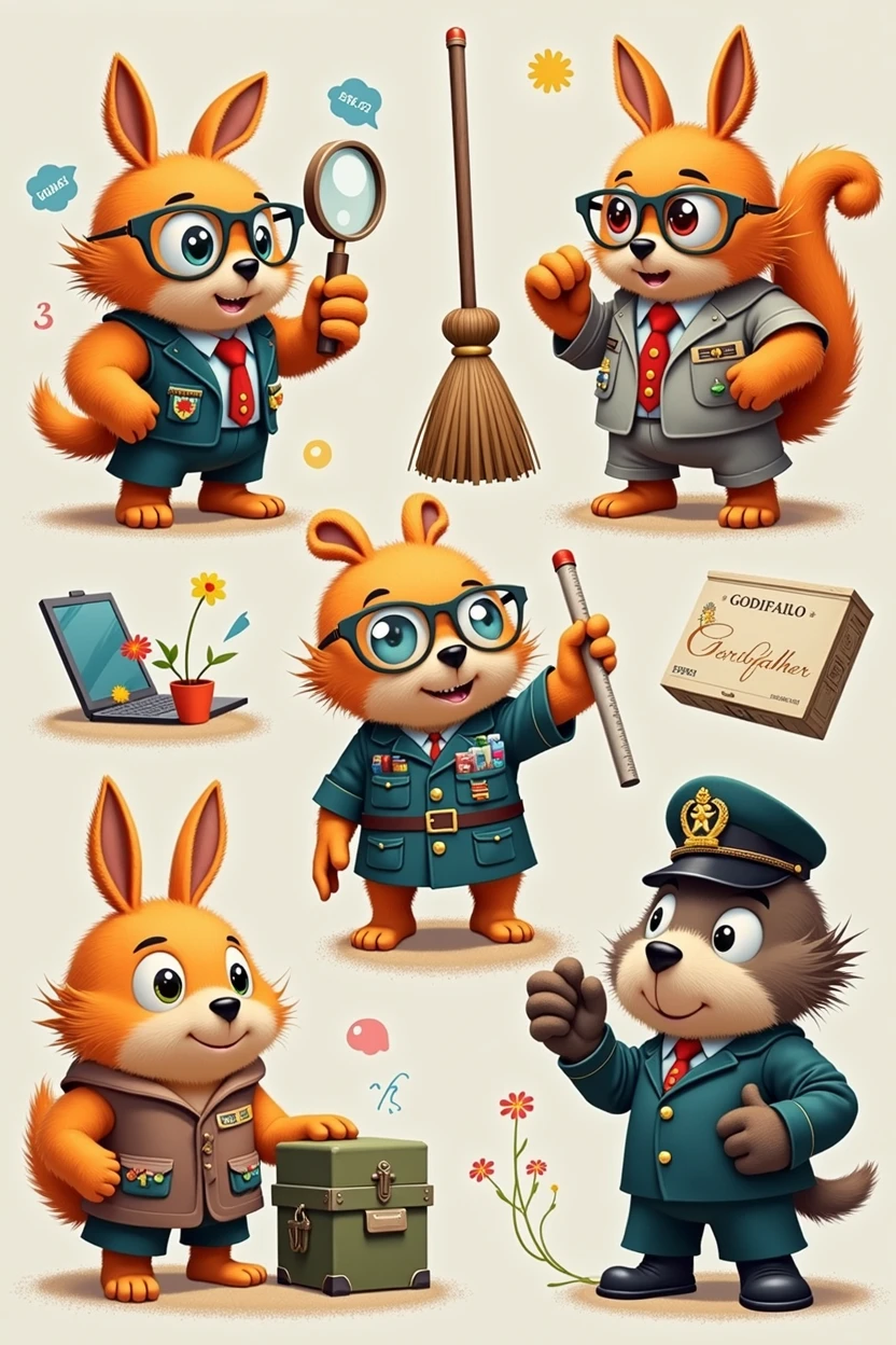 sey (Sense of Use):
sey é um mascote pequeno, with glasses and a magnifying glass hanging around his neck. He is always holding a small trash can and examining objects to determine if they are truly necessary.
Ordinato (Sense of Organization):
Ordinato is an organized and meticulous mascot. He wears a vest with many pockets and carries colorful labels. His hair is neatly styled, and he is always arranging objects on shelves or drawers.
Varrelin (Sense of Cleanliness):
Varrelin is a mascot with a magic broom. He has bright eyes and wears an apron with pockets to store cleaning cloths. Whenever he sees dirt, He sweeps it enthusiastically.
godfather (Sense of Standardization):
godfather é um mascote elegante e simétrico. He wears a suit with perfectly aligned stripes. In your hand, He holds a ruler, symbolizing the importance of standardization in processes.
Disciplino (Sense of Discipline):
Disciplino is a serious and rigorous mascot. He wears a military uniform and carries a whistle. He is always on the alert to ensure that everyone follows the rules and maintains discipline.