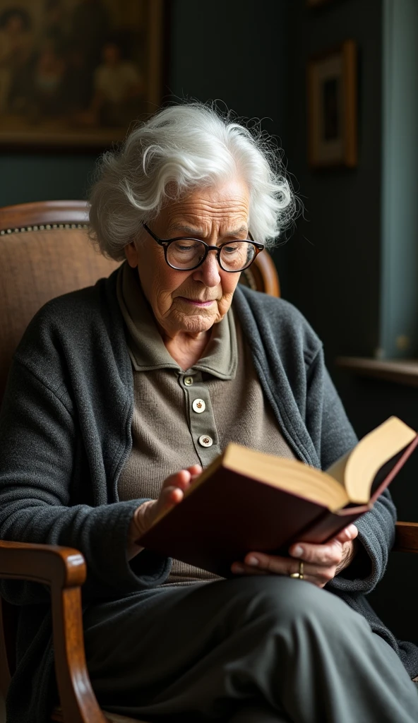 An 80-year-old woman with glasses ,sitting in a wooden chair with a book