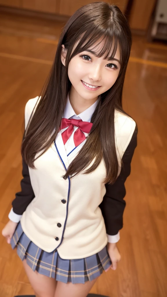 Tabletop, Highest quality, (Realistic photos:1.4), (Smooth lighting:1.05), Very detailed, In detail, High resolution, 8k, Perfect dynamic composition, (楽しいsmile:1.4), Open your mouth, (Beautiful attention to detail), (Clear Eyes), (Beautiful woman with perfect figure: 1.5), Natural color lip, long wavy hair, Very detailed顔と肌の質感, 20 years old, Perfect and beautiful face, Looking up,Waistline、、Yua Mikami、Brown Hair、Tear Mole、Japanese women、Gal、Waistline、、Symmetrical face、 (high school girl: 1.4)、 (smile: 1.1)、 (Shibuya: 1.3)、Hair fluttering from a cold、(High School Uniform: 1.4)