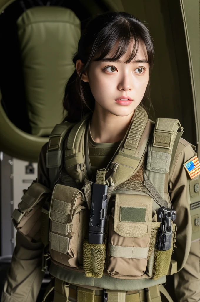 (masterpiece, ultra-detailed, ultra-realistic, best quality, clear focus, photorealistic), (ultra-high resolution, 8k:1.3), cinematic color-grading film, dramatic scenes, (shadow:1.3), global-illumination, perfect anatomy, perfect face, (detailed face, detailed eye:1.3), (20 years old Japanese beautiful anime style girl:1.2), (Experienced army paratroopers:1.3), professional light, (very cute but boyish cool Japanese face:1.3), (Fully equipped for battle:1.3), (m4a1 large assault rifle:1.2), (Jump into the sky from the rear hatch of a large military transport plane in flight with a parachute on her back:1.6), skydiving as an army operation, (wearing a soldier's outfits with damages:1.2), (Strong willed expression:1.2), (afraid:1.3), slim waist, military helmet, very large breasts, tactical vest, military harness, face focus,