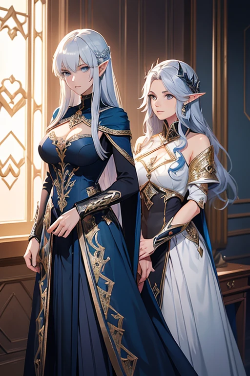 Two women, mother and daughter, Sylara, A human princess of Arathel, She wears a dark blue dress with silver threads, with fitted bodice, With silver and gold embroidery and a black velvet cape, the skirt is pleated, She is hiding a pair of blue pants, With red hair and blue eyes, in anime style, Is standing, whole body, A mature woman of 48 years old and Selene Glavariel Arathel, A human-elf hybrid of with silver hair, blue eyes, A slender and tall figure, Leather armor with silver and red ornaments, And a white cape with embroidered symbols. She holds a sword in front of her and has a determined expression. The style is anime.