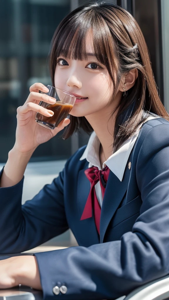 ((masterpiece, Highest quality, High resolution)), 1 Japanese person, (Realistic: 1.4), smile、Great face,Glossy lips、15 years old, Silver Hair、Silver Hair、Silver Hairのポニーテール(Beautiful Hair:1.5), (Navy Blue Blazer、Navy blue jacket)、(White dress shirt)、(Red tie)、At the cafe、Sitting on a chair、(Holding a glass with realistic hands and fingers)、(Drinking iced coffee)、Staring、Face is front、The body is frontal、Angle from the front, Smooth, Highly detailed CG composite 8K wallpaper, High resolution RAW color photos, Professional photography, Light, BackLight, impressive, Written boundary depth, (Face close-up:1.4)
