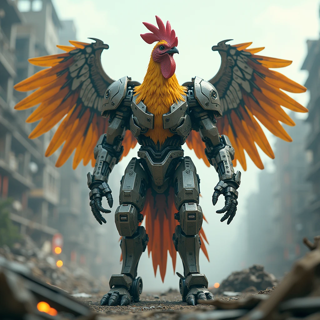 red theme, phoenix fuse, rooster head chicken head, wing mechas, cyberpunk, Best Quality, masterpiece, Sin personal, Whole body, mechanical wonder, strong, officer, ruined city, highest quality digital art, awesome art, 4k wallpaper, Very detailed, military robot, army, war zone, dynamic lighting, movie, epic, damaged mechanical parts