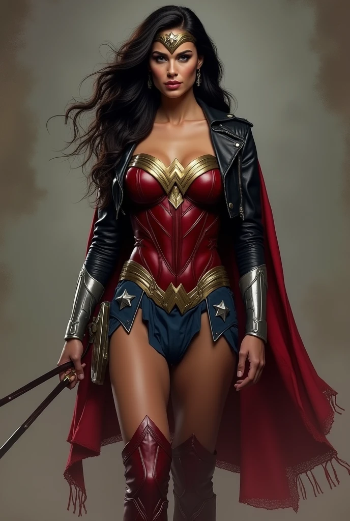 A beautiful woman Adriana Lima under the mantle of the Amazonian warrior Wonder Woman, long black hair, red corset, black leather jacket and black leather pants, red knee-high boots, Wonder Woman diadema on her forehead.
