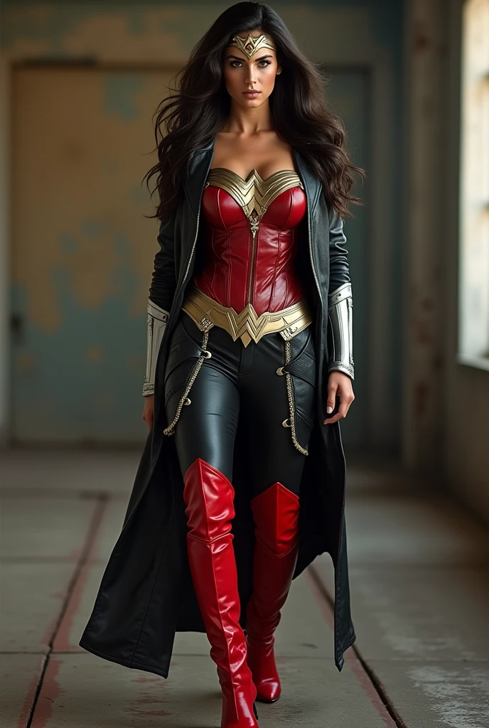 A beautiful woman Adriana Lima under the mantle of the Amazonian warrior Wonder Woman, long black hair, red corset, black leather jacket and black leather pants, red knee-high boots, Wonder Woman diadema on her forehead.