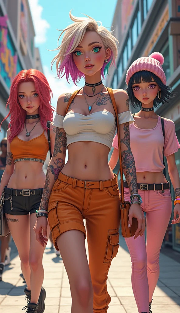 gwen tennyson,tracer,y'shtola rhul,yorha 2b,overwatch,nier automata,mecha pilot,shopping center,tattoos,orange and pink plugsuit,white short sleeve lycra top,white micro cargo shorts,garter belt,uncovered belly,short hair,punk makeup,green eyes,multicolored silver hair,sexy smile,freckles,beautiful girl,large breasts,8k,ultra detailed, realistic,fantasy art,skater uniform,ear piercings,sport suit,saiyan girl,pink short sleeve sport hoodie,pompom beanie,graffiti wall art,walking,small purse,cute necklace,underboob,