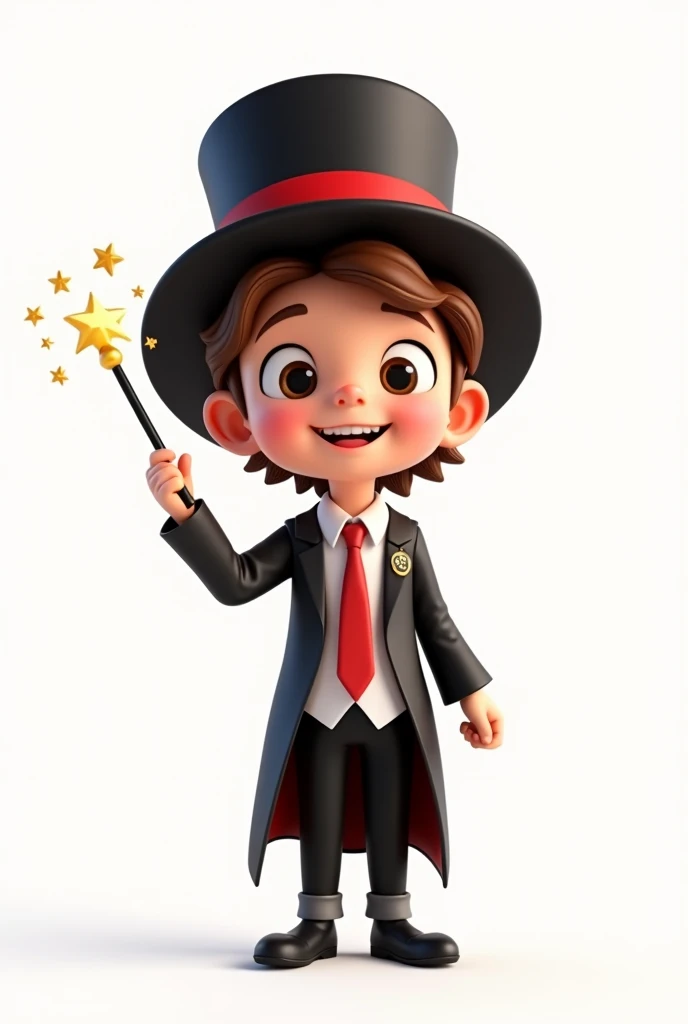 A happy and cute  with short brown hair, wearing a magician's outfit consisting of a white shirt, a red tie, a pair of black pants, shoes black, a black top hat with a red band around his head and a magic wand in his hand, white background, Pixar-style, 3d, Cartoon s, face detailed, asymmetric