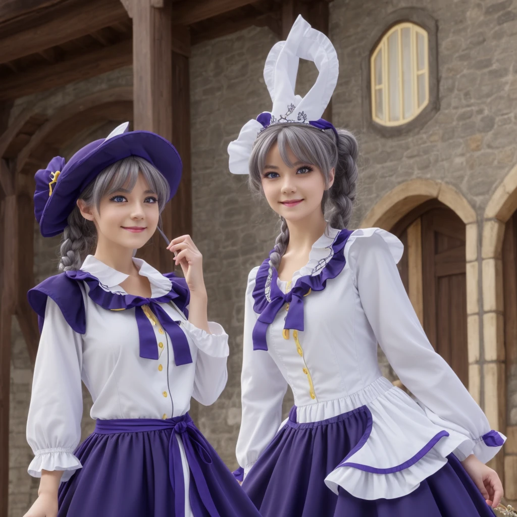 Elena_(possible_No_Gossip), Master, masterpiece, 4K,, 1 Girl, Feminization, beautiful, One cup, Gray hair, Big magic hat + The top is black,Purple inside, blue eyes, White shirt, Yellow Ribbon, Black robe,, Kawaii, Looking at the audience, Smile, Magical girl, Background Medieval Europe,