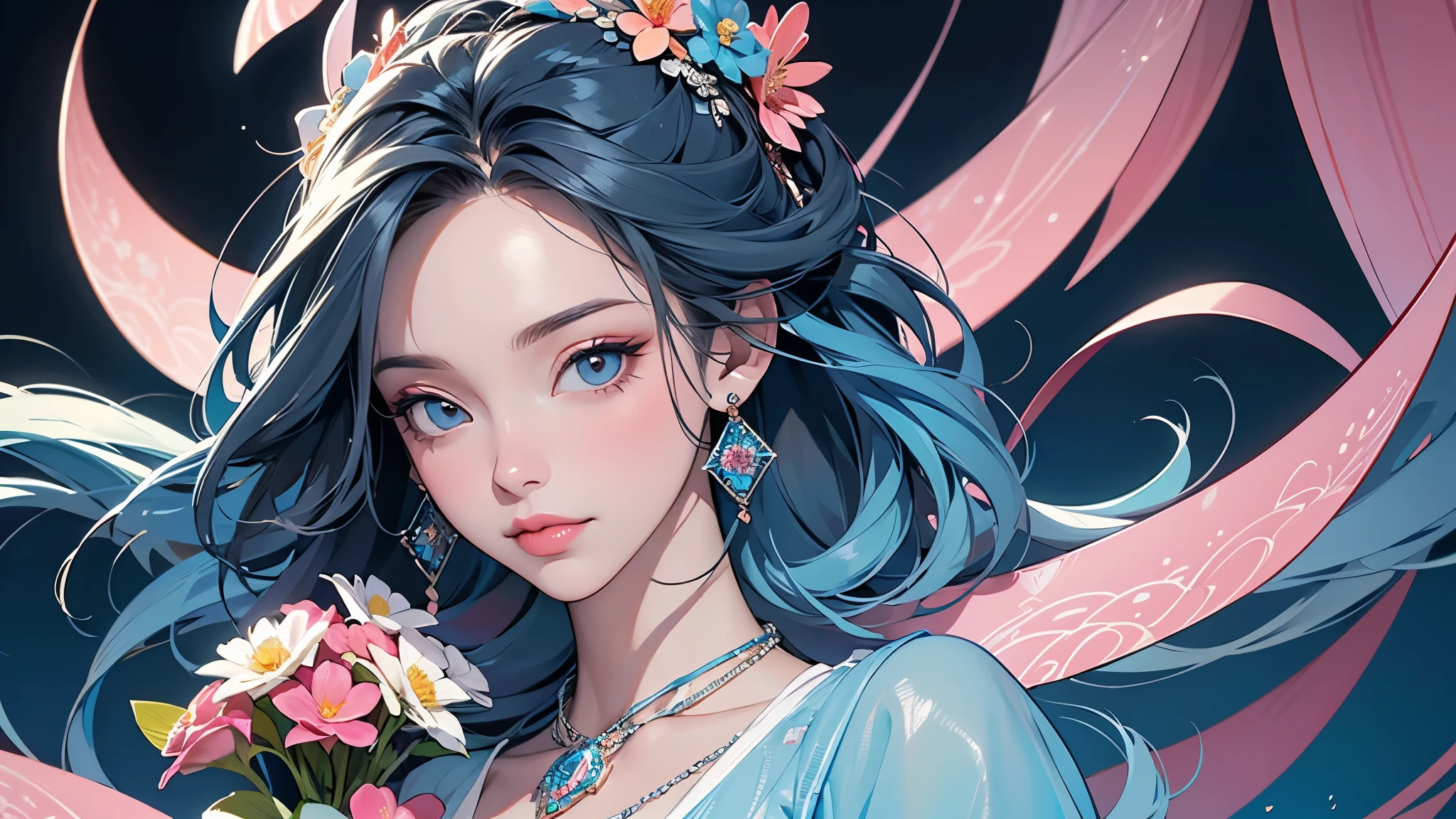 32K, highest quality, The highest masterpiece, (ultra-Detailed Background, Detailed Background), High resolution, Super detailed, Very detailedな, 1 person, (bouquet:1.3), (Tangled:1.2), (Geometric:1.2),(colorful),(masterpiece, quality, best quality, Official Art, Beautiful and beautiful:1.2), (1 person:1.3), Very detailed,(colorful:1.1)(Flowers:1.3),Most detailed,(Tangled:1.2), whole body, (Abstract background:1.3), (Skin glows), (Many colors:1.4), ,(Earrings Jewelry:1.5), Light Blue Background,