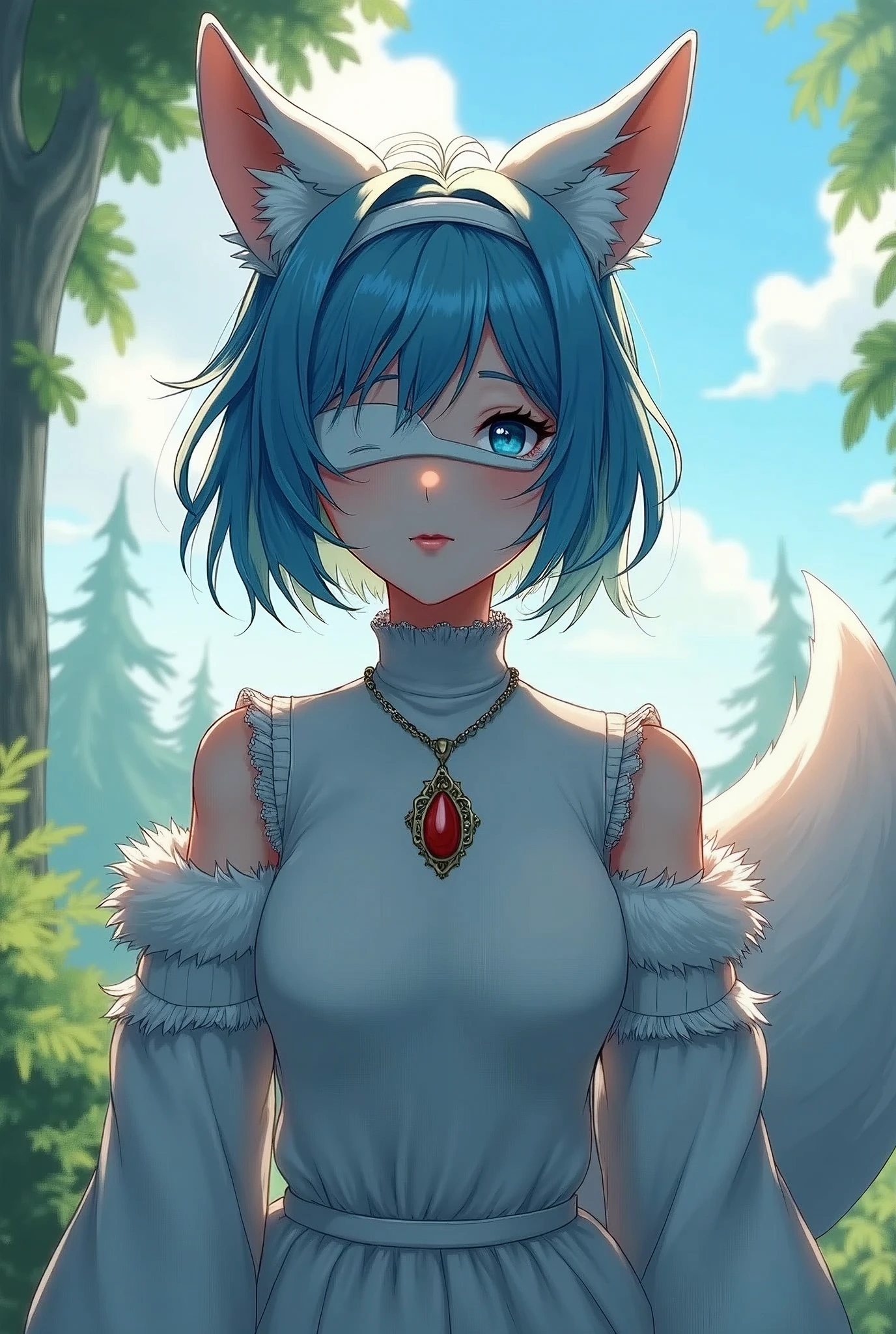 1 girl, WLOP, (blindfolded), breastsout, neckleace, neckleace cutout, Dress cutout, greenery background, hair between the eyes, headband, high resolution, juliet sleeves, long sleeves, nier (Series), nier automata, fluffy sleeves, Red lips, shadowy face, shorth hair, standing alone, high collar sweater, trunk, I have blue hair, sky, white fox ears, white fox tail, nine tail fox,