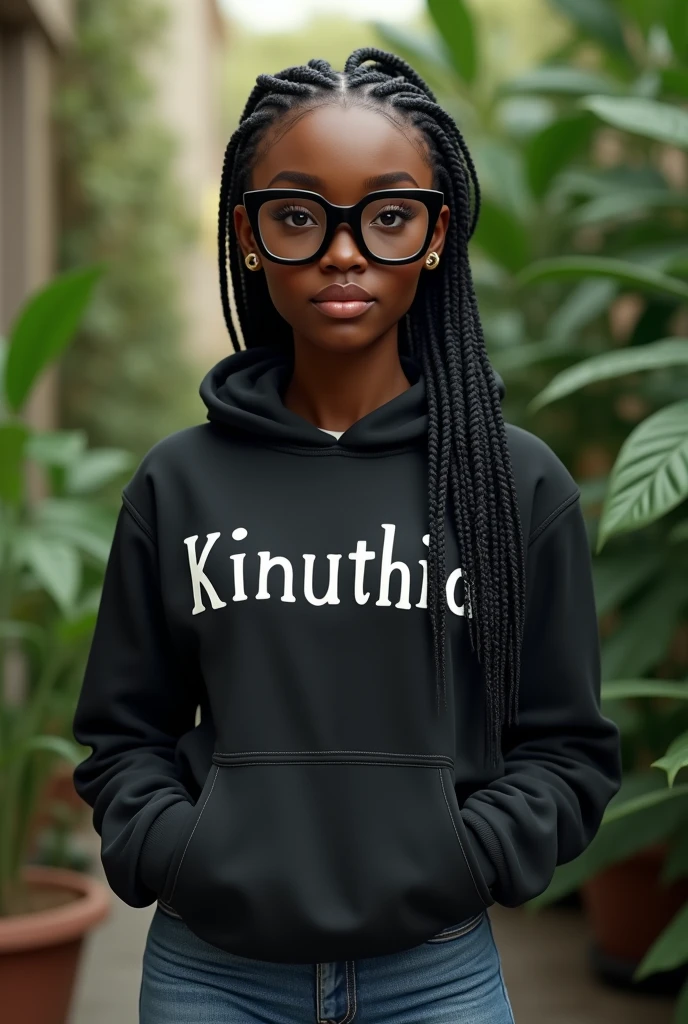(photorealism:1.2), beautiful black African woman,23 years,sharp boobs,,wearing jeans and a fitting hoodie written "Kinuthia", long braids,oversized black glasses, standing , plants in background,eboni Davis inspiration