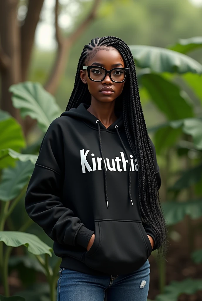 (photorealism:1.2), beautiful black African woman,23 years,sharp boobs,,wearing jeans and a fitting hoodie written "Kinuthia", long braids,oversized black glasses, standing , plants in background,eboni Davis inspiration